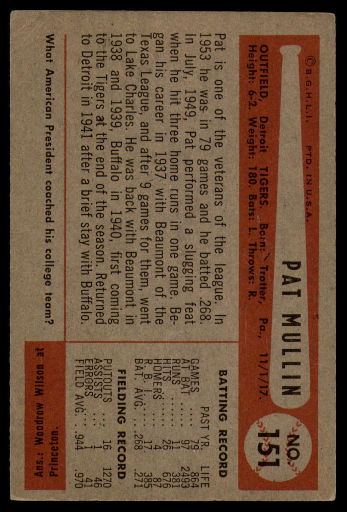 1954 Bowman #151 Pat Mullin VG ID: 80057