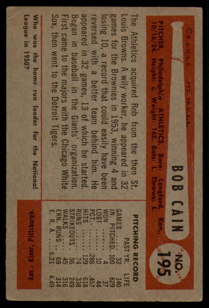 1954 Bowman #195 Bob Cain VG/EX