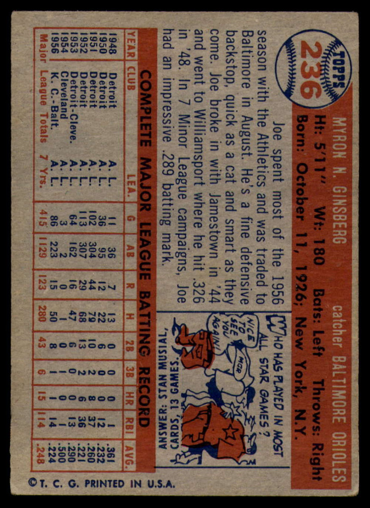 1957 Topps #236 Joe Ginsberg EX ID: 61370