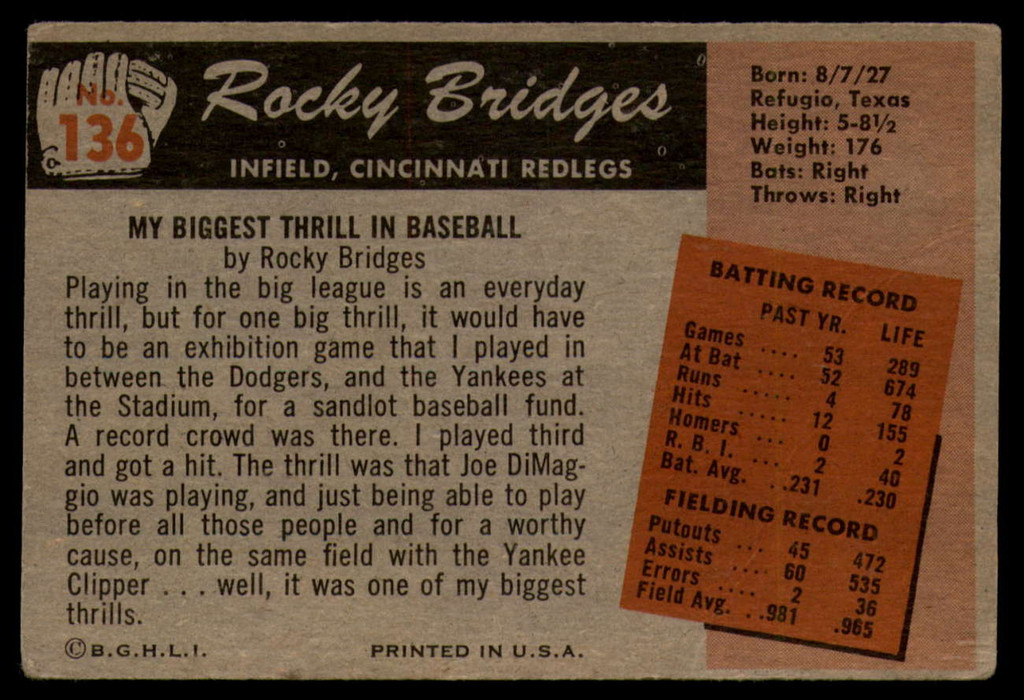 1955 Bowman #136 Rocky Bridges VG ID: 77500