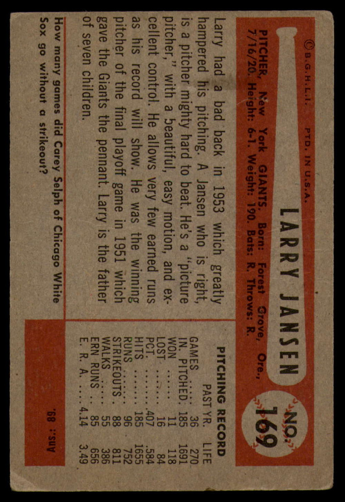 1954 Bowman #169 Larry Jansen VG ID: 80069