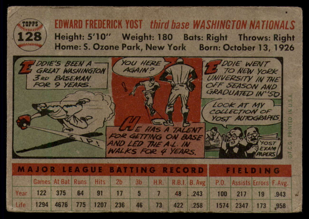 1956 Topps #128 Eddie Yost VG ID: 58834