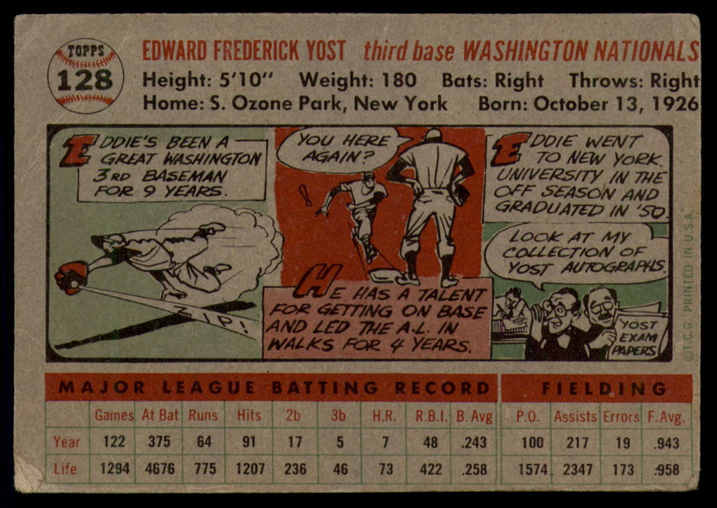 1956 Topps #128 Eddie Yost VG ID: 58838