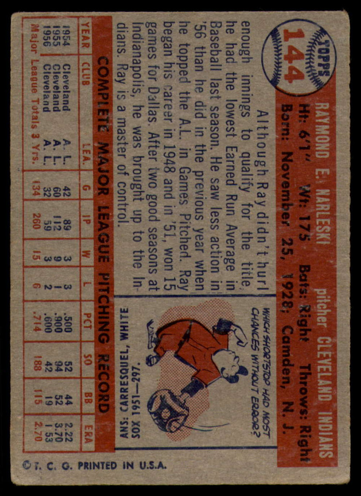 1957 Topps #144 Ray Narleski EX ID: 60630