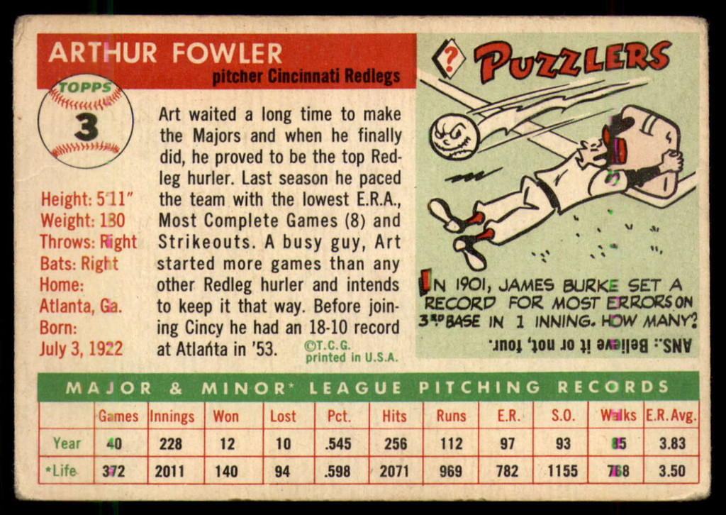 1955 Topps #3 Art Fowler VG/EX RC Rookie