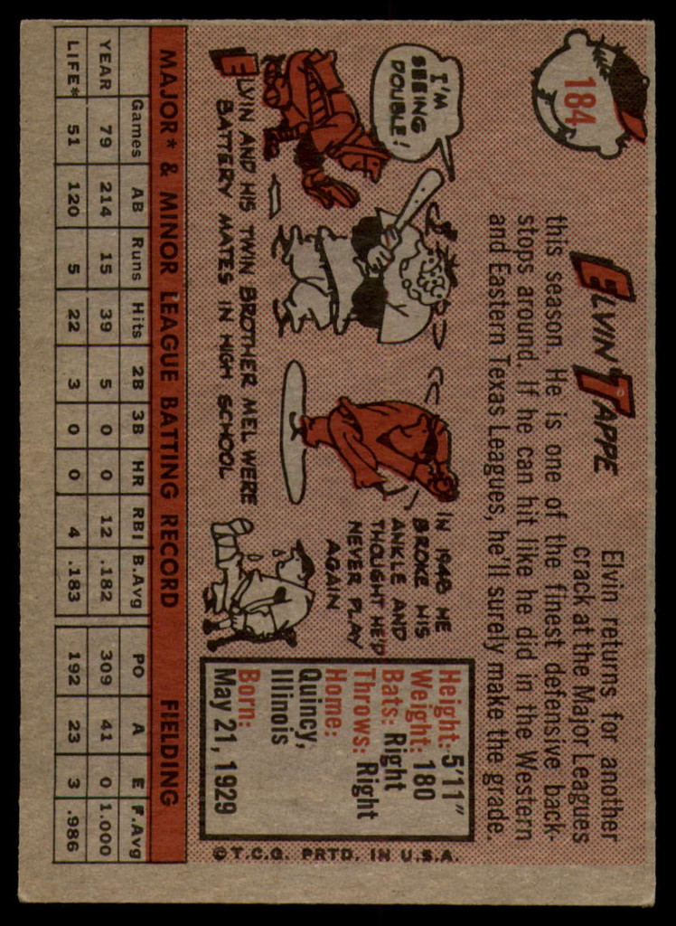 1958 Topps #184 Elvin Tappe UER EX ID: 63458