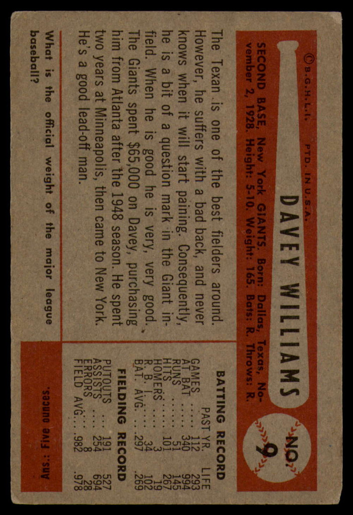 1954 Bowman #9 Dave Williams VG ID: 80100