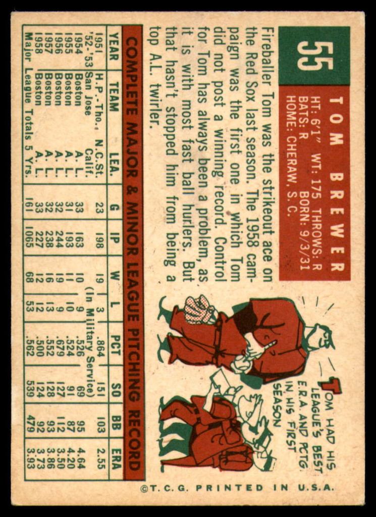1959 Topps #55 Tom Brewer EX++ ID: 65802
