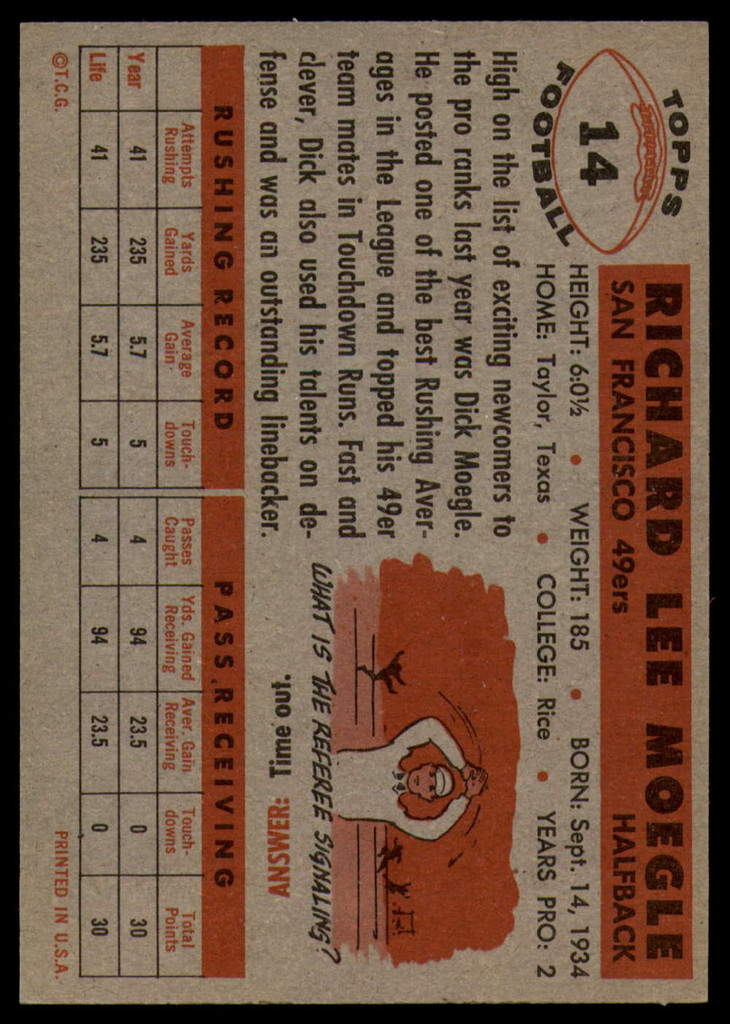 1956 Topps #14 Dick Moegle EX++ Excellent++ 