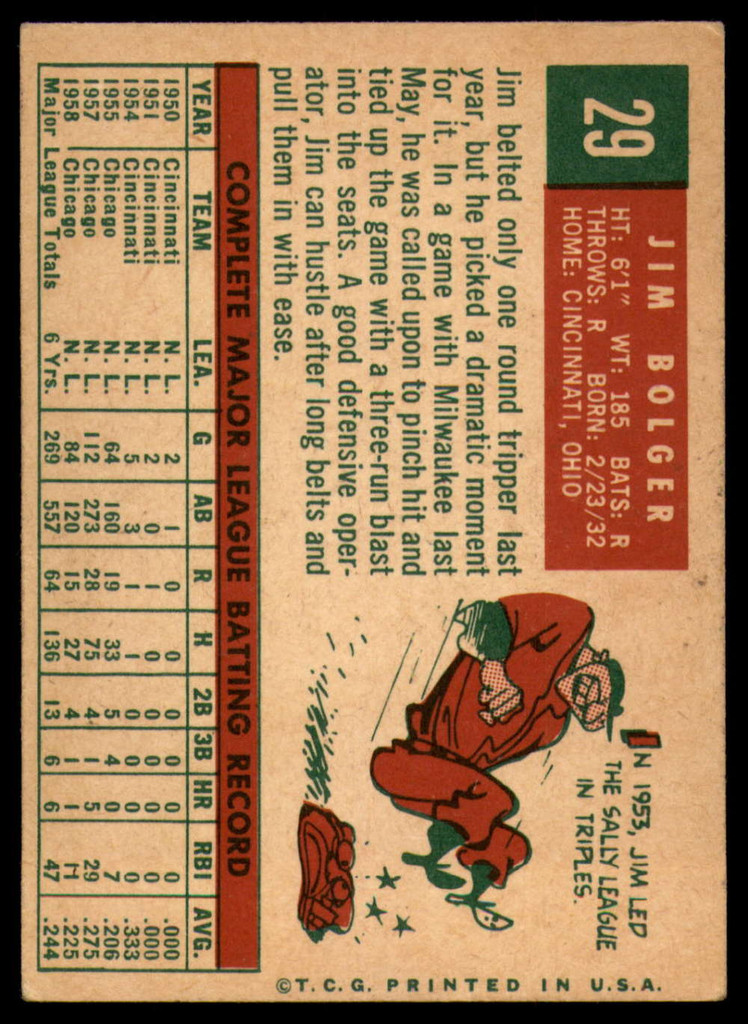 1959 Topps #29 Jim Bolger EX++ ID: 65600