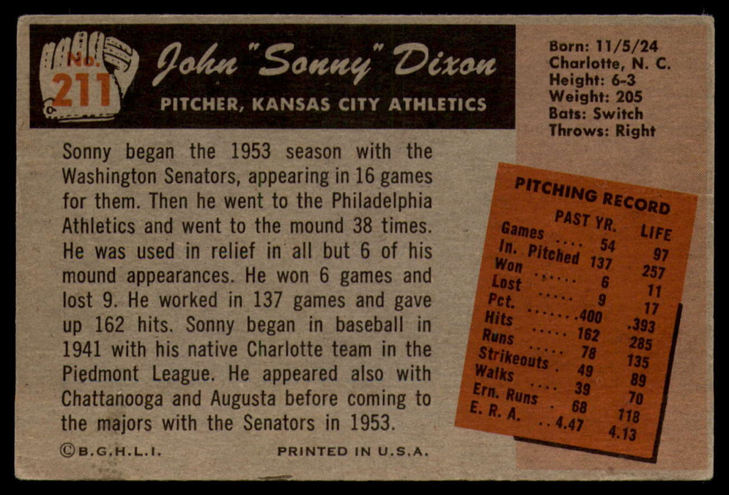 1955 Bowman #211 Sonny Dixon VG Very Good RC Rookie