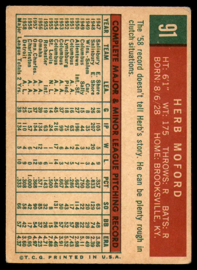 1959 Topps #91 Herb Moford EX++ RC Rookie ID: 66119