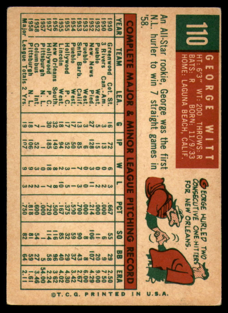 1959 Topps #110 George Witt EX++ RC Rookie ID: 66287