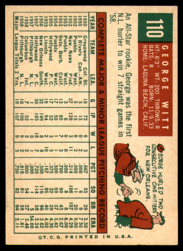 1959 Topps #110 George Witt EX++ RC Rookie ID: 66290