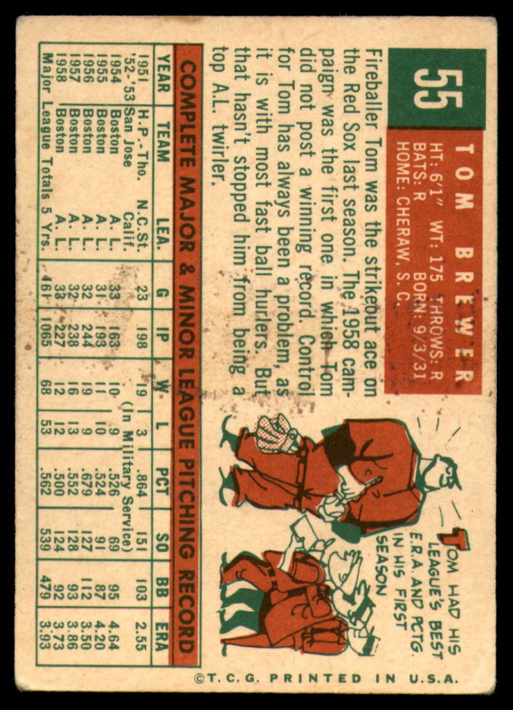 1959 Topps #55 Tom Brewer EX ID: 65795