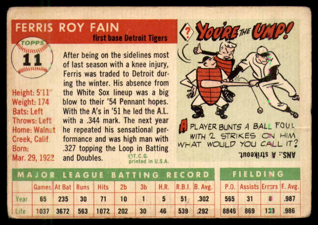 1955 Topps #11 Ferris Fain VG ID: 56323