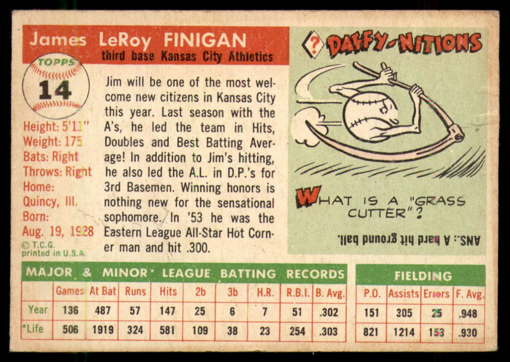1955 Topps #14 Jim Finigan VG RC Rookie ID: 56338