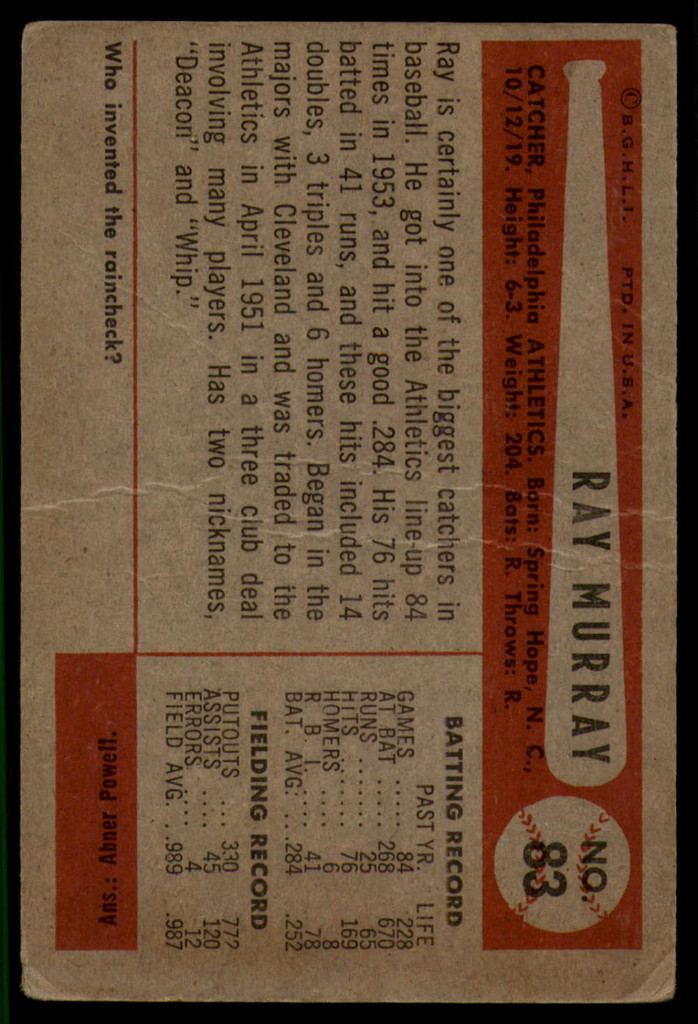 1954 Bowman #83 Ray Murray VG ID: 56087