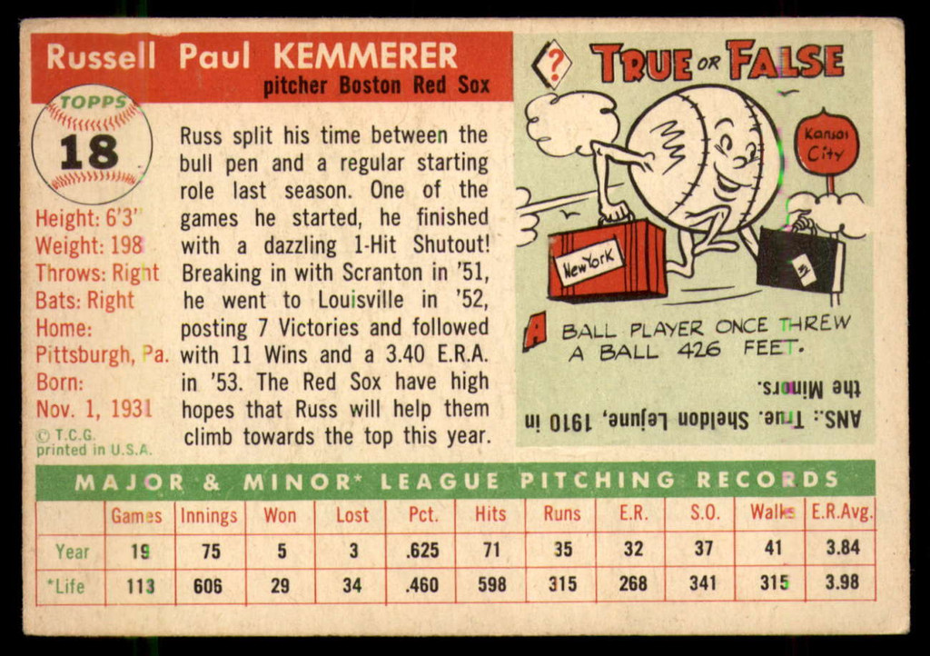 1955 Topps #18 Russ Kemmerer VG RC Rookie ID: 56347