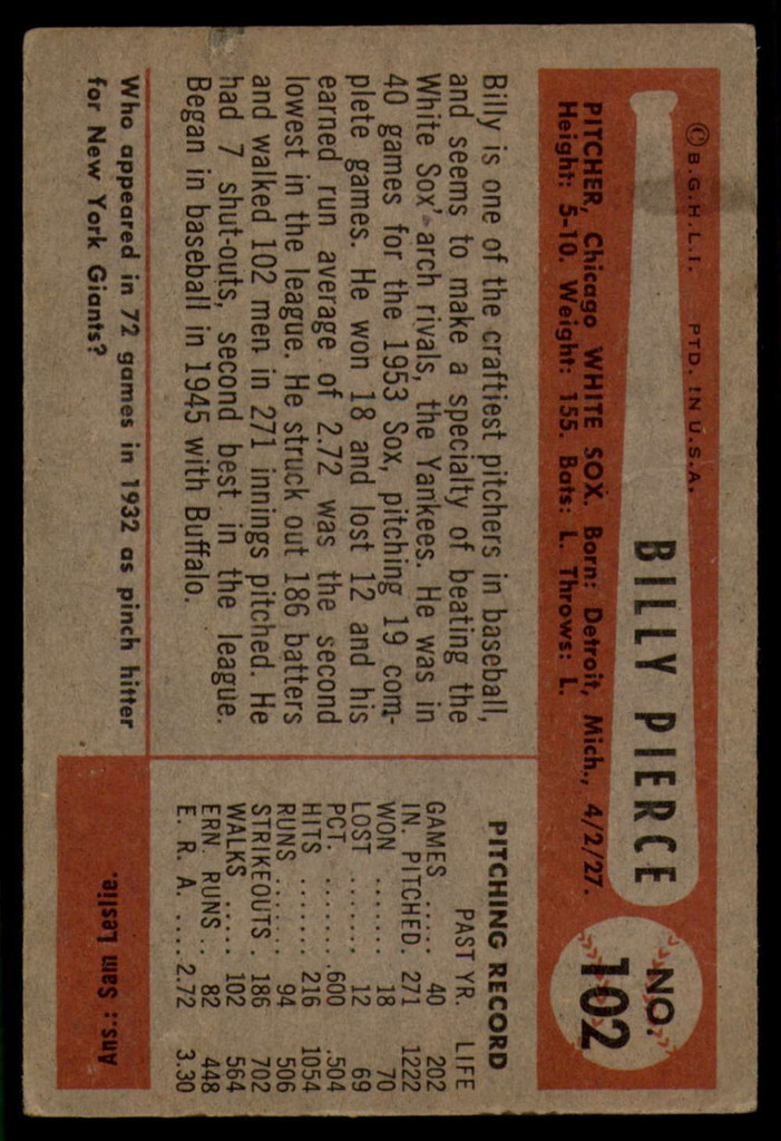 1954 Bowman #102 Billy Pierce VG