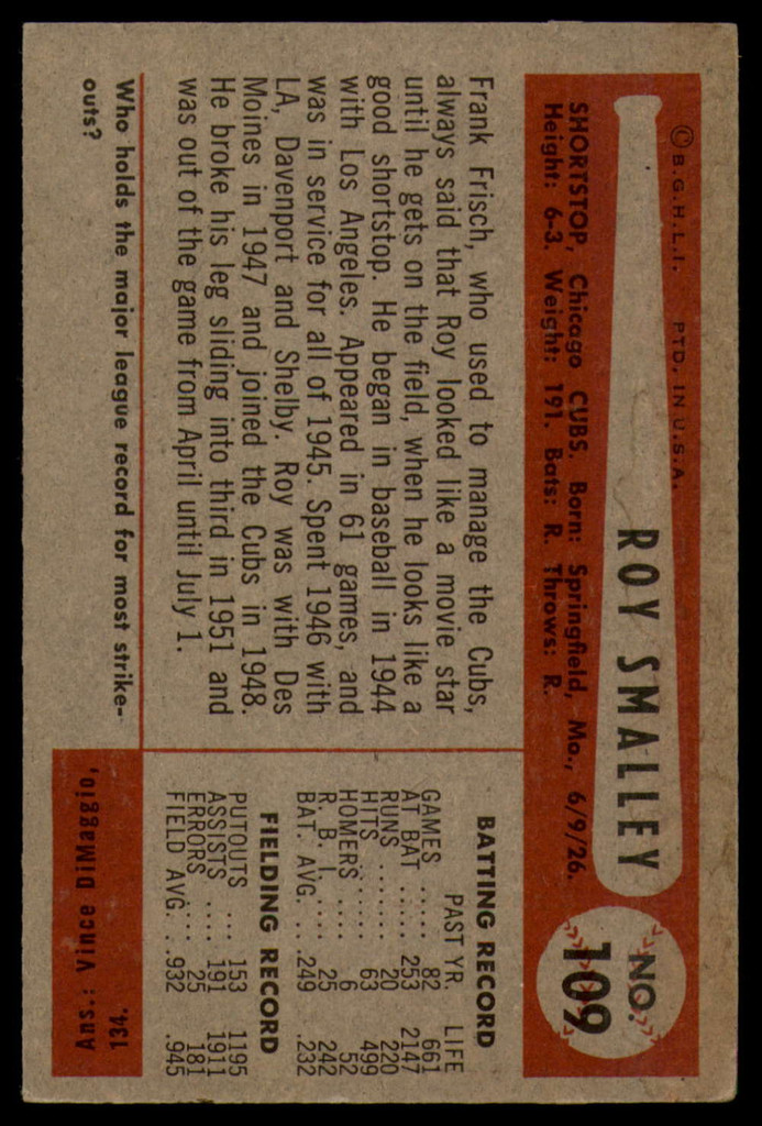 1954 Bowman #109 Roy Smalley VG ID: 54075