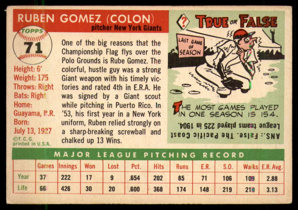 1955 Topps #71 Ruben Gomez VG ID: 56639