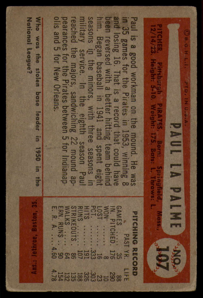 1954 Bowman #107 Paul LaPalme VG ID: 56128