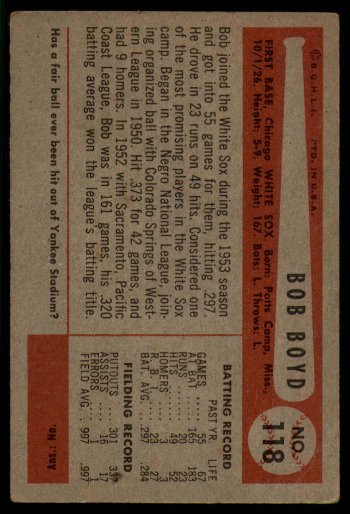 1954 Bowman #118 Bob Boyd UER VG ID: 54087