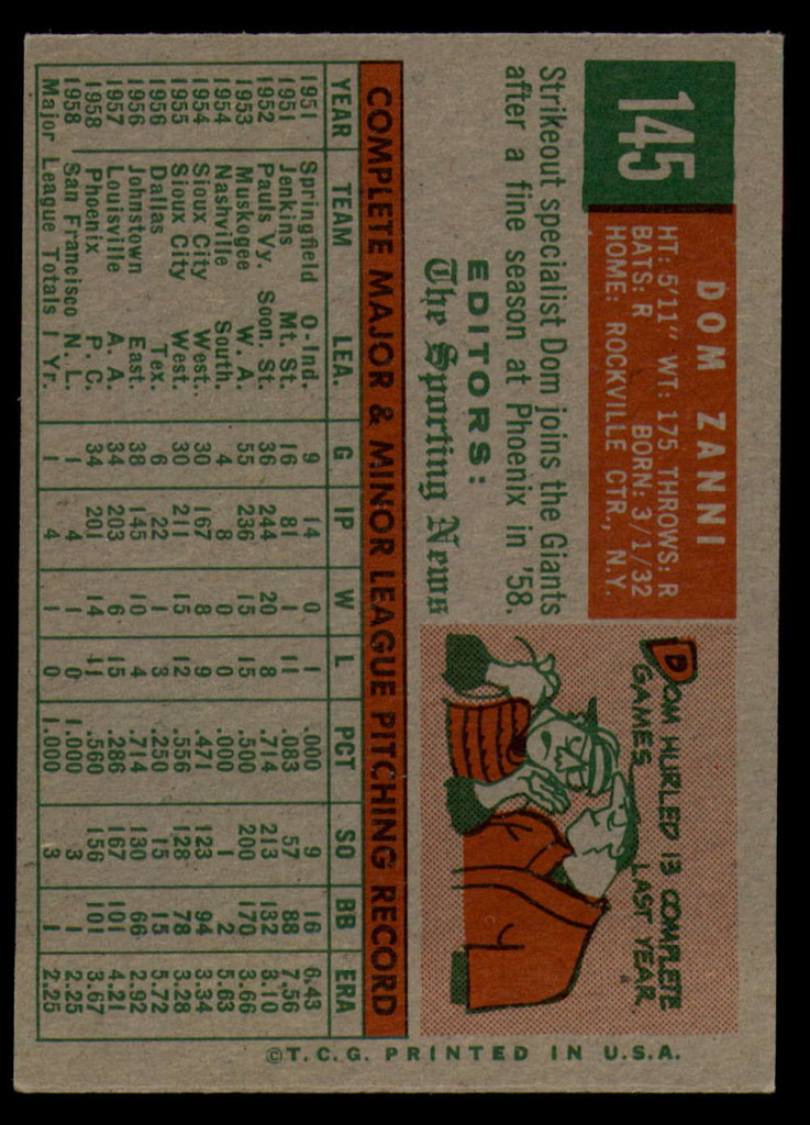 1959 Topps #145 Dom Zanni RS EX/NM RC Rookie ID: 66632