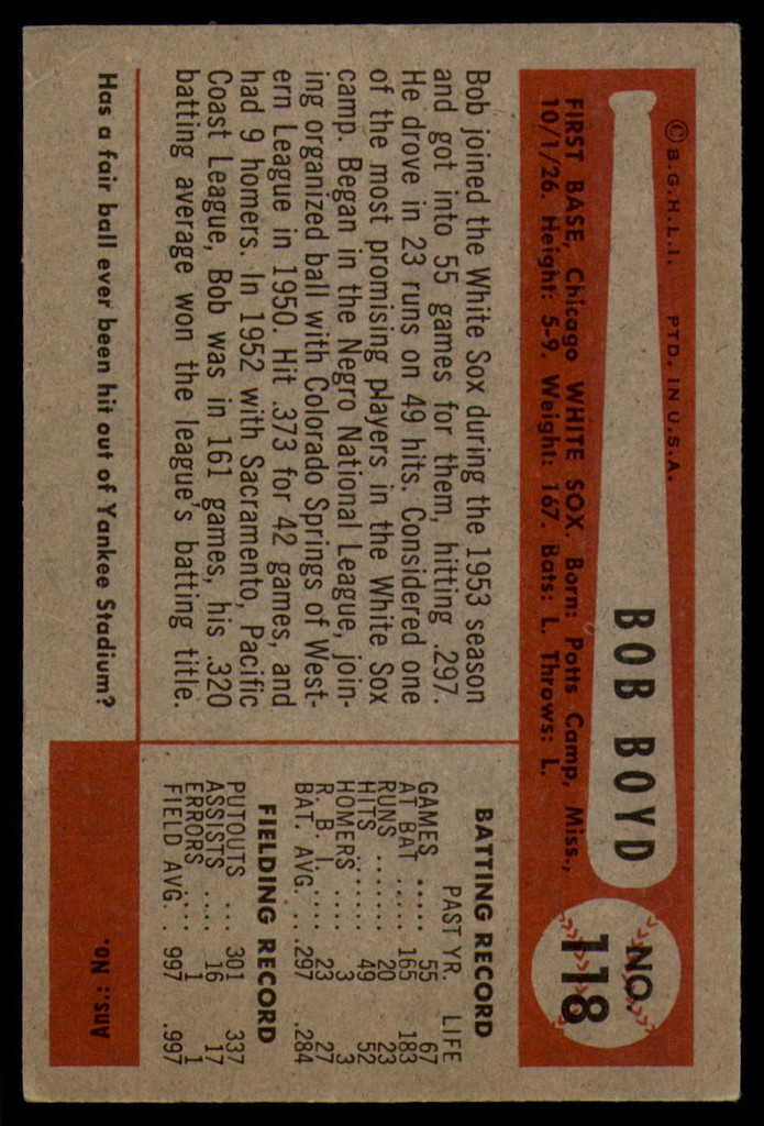 1954 Bowman #118 Bob Boyd UER VG ID: 54088