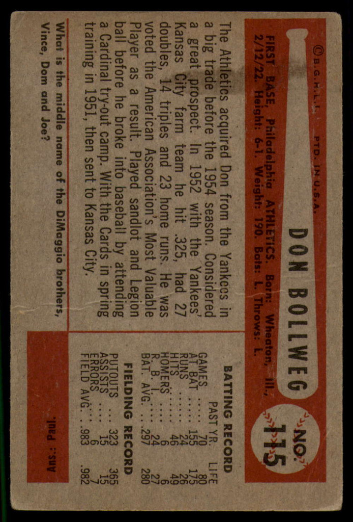 1954 Bowman #115 Don Bollweg VG ID: 56139