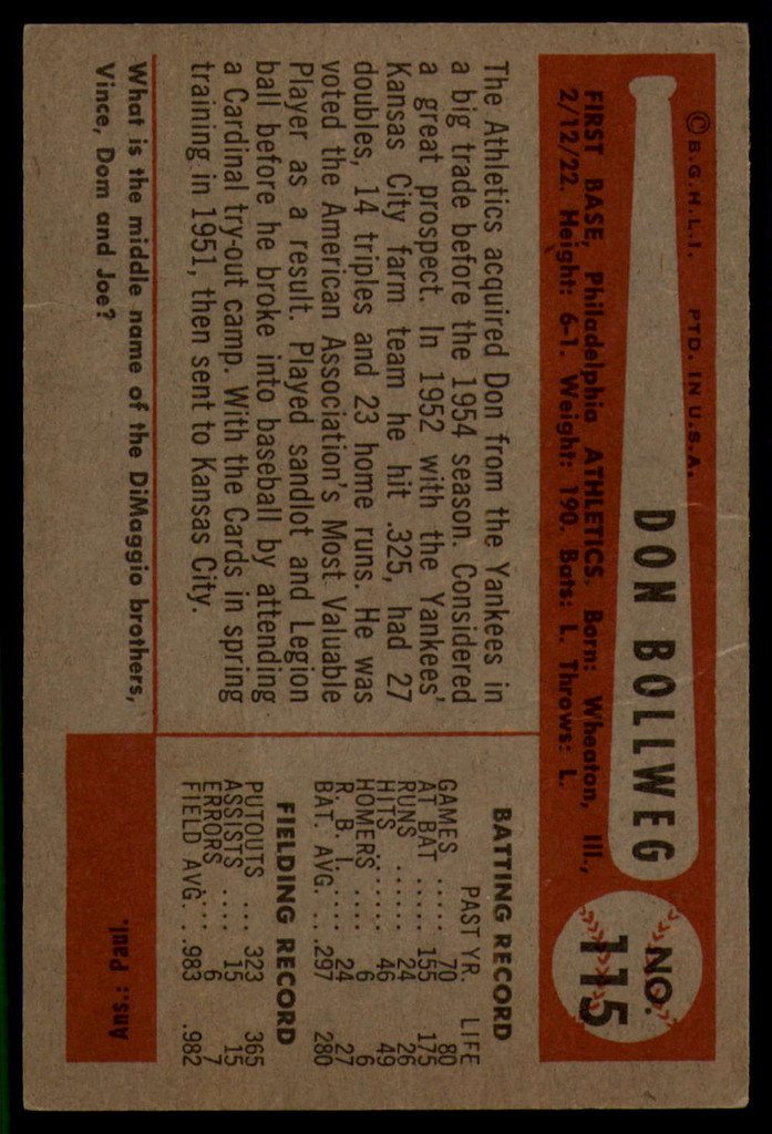 1954 Bowman #115 Don Bollweg VG ID: 56143