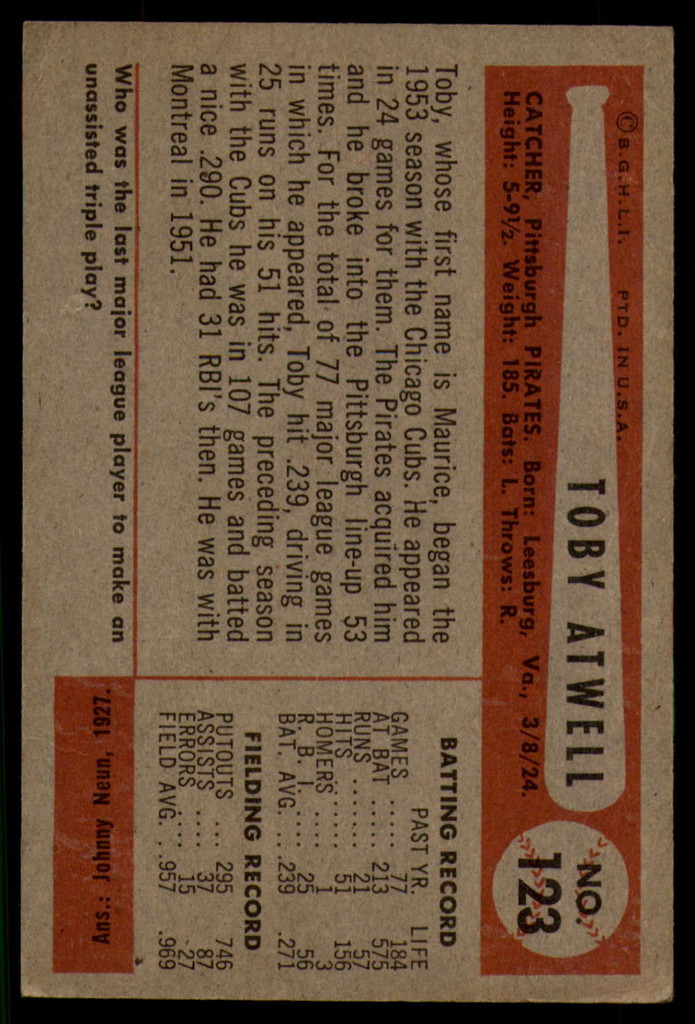 1954 Bowman #123 Toby Atwell VG ID: 54097