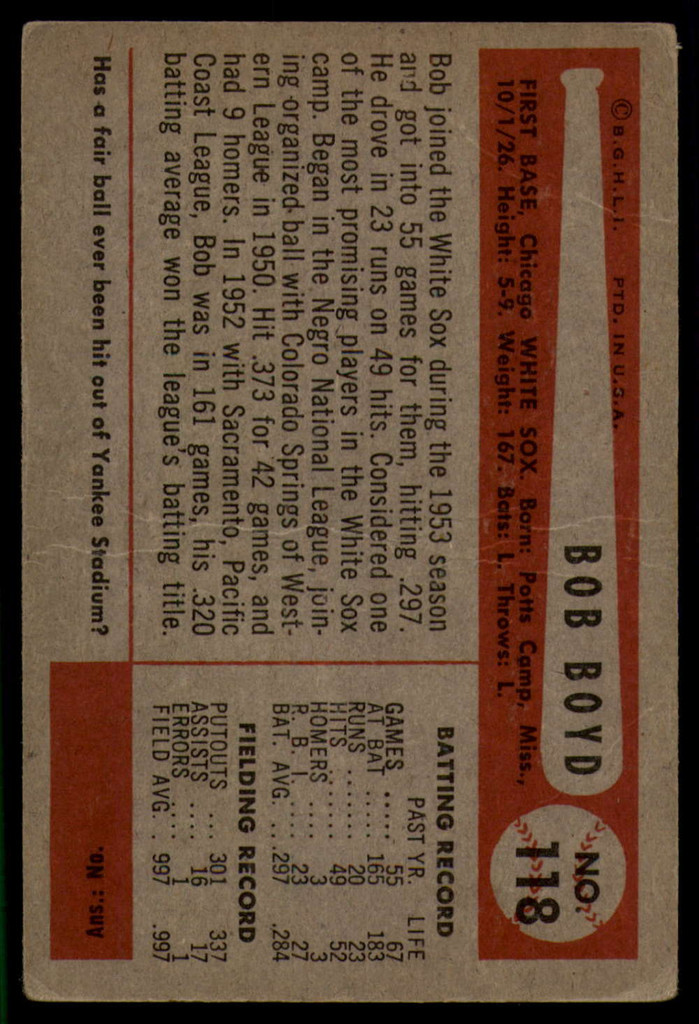 1954 Bowman #118 Bob Boyd UER VG ID: 56147