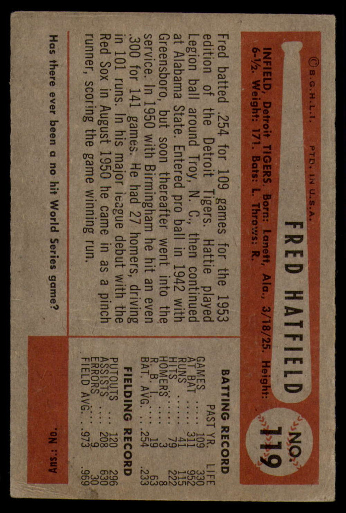 1954 Bowman #119 Fred Hatfield VG ID: 56149