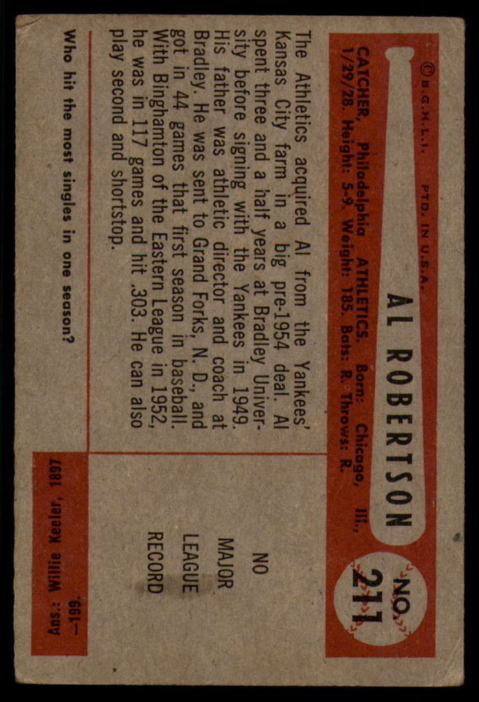 1954 Bowman #211 Jim Robertson VG RC Rookie ID: 54148