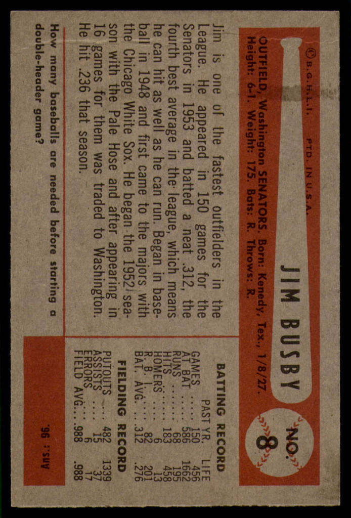 1954 Bowman #8 Jim Busby VG ID: 55940