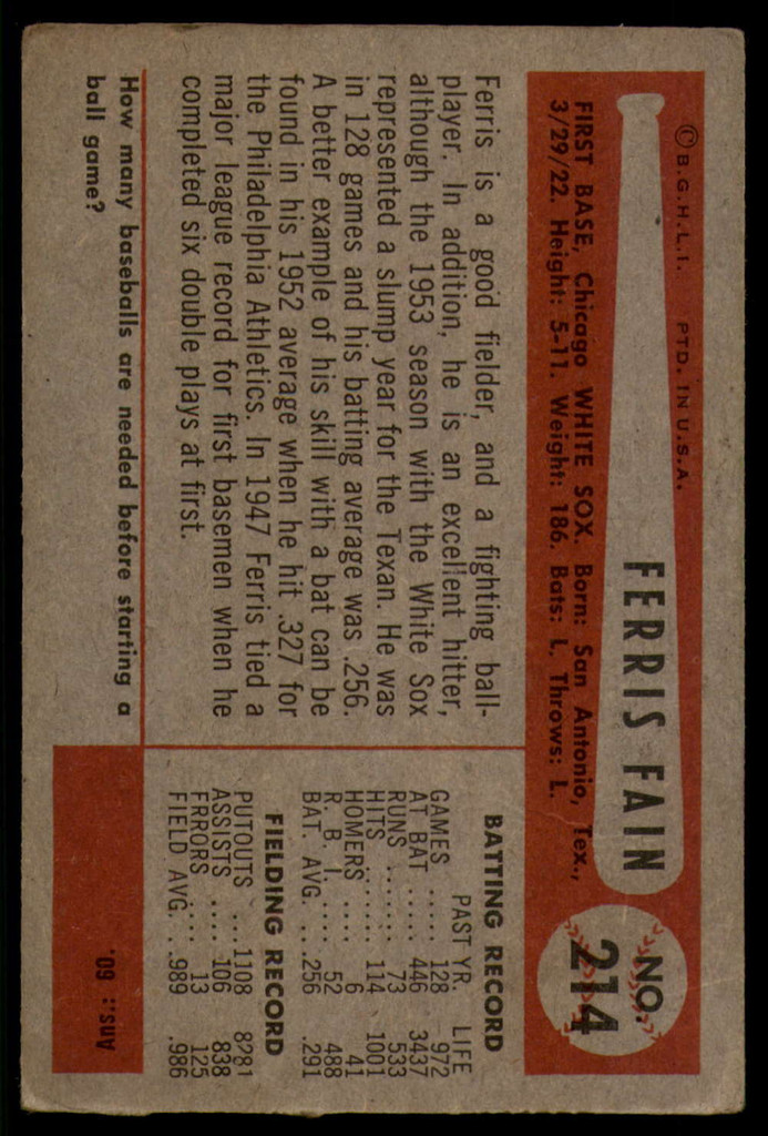 1954 Bowman #214 Ferris Fain G/VG
