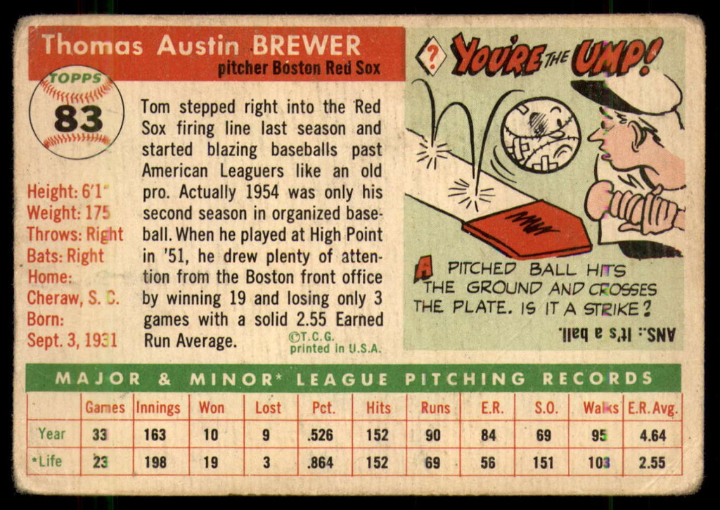 1955 Topps #83 Tom Brewer G/VG RC Rookie ID: 56726