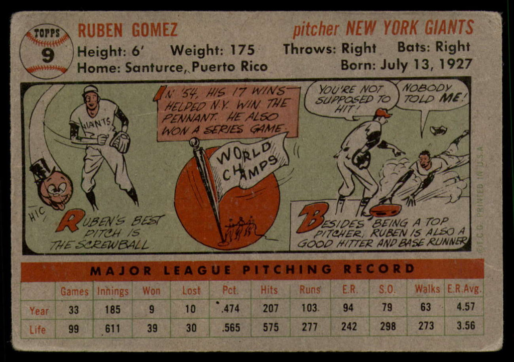 1956 Topps #9 Ruben Gomez DP VG ID: 58006