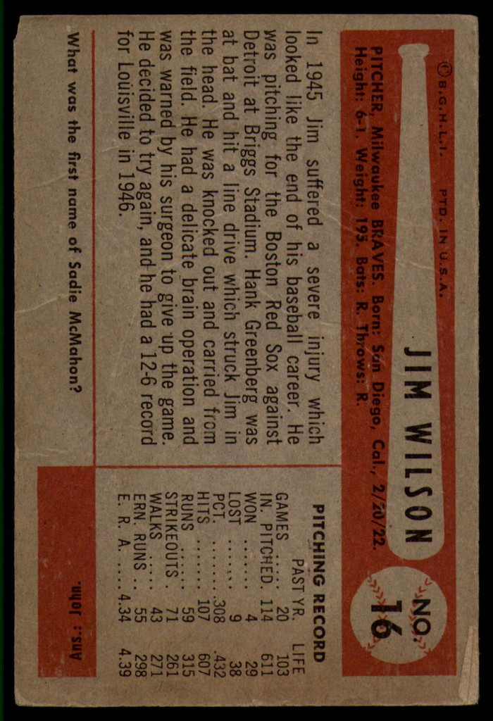 1954 Bowman #16 Jim Wilson VG ID: 55959