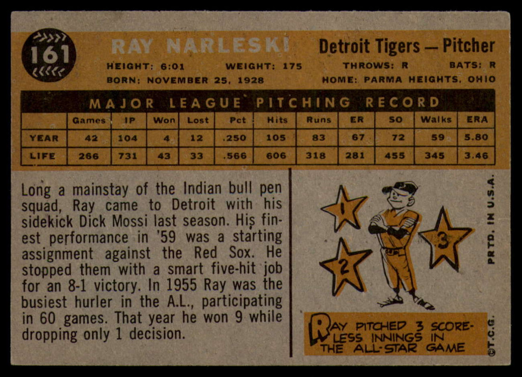 1960 Topps #161 Ray Narleski EX/NM  ID: 87453