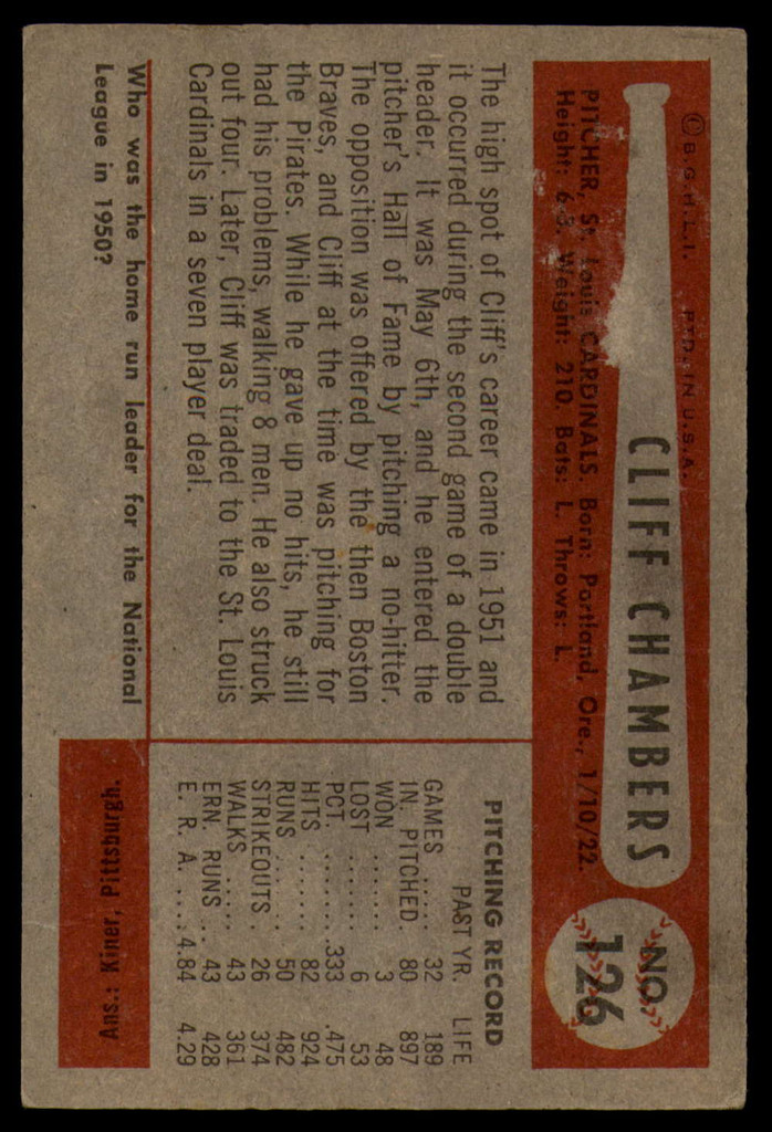 1954 Bowman #126 Cliff Chambers G/VG