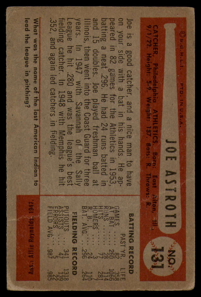 1954 Bowman #131 Joe Astroth G/VG ID: 80040