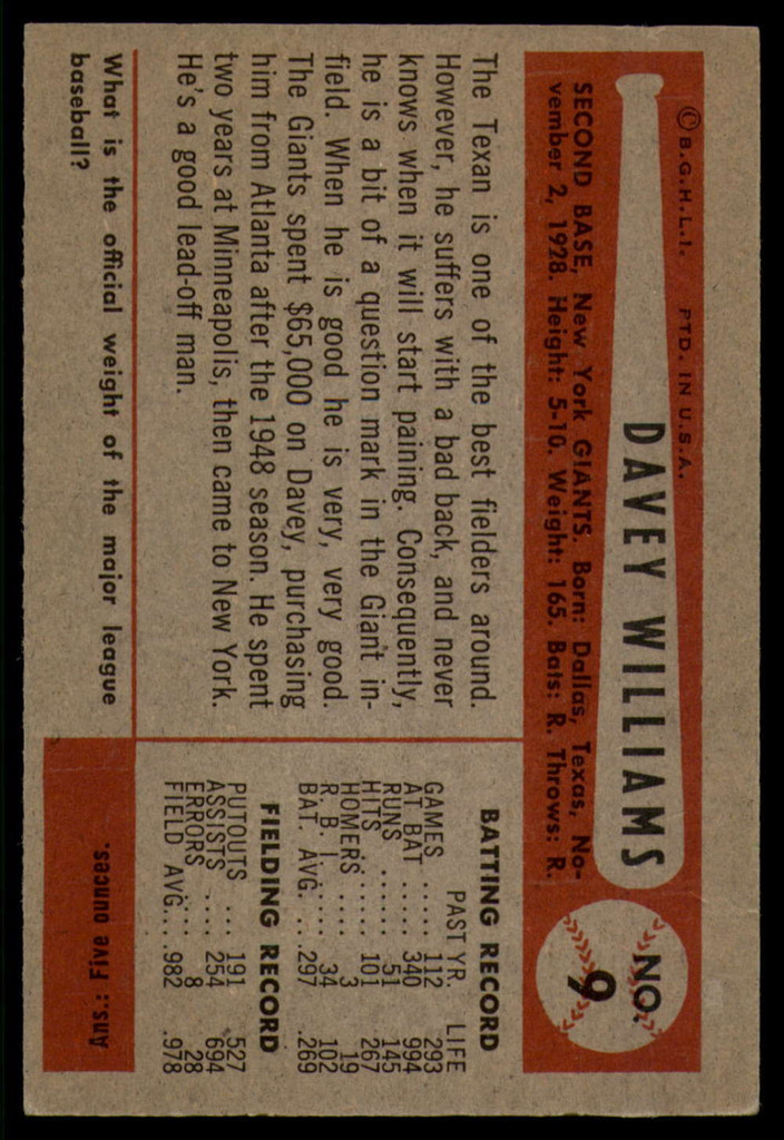 1954 Bowman #9 Dave Williams VG ID: 53940