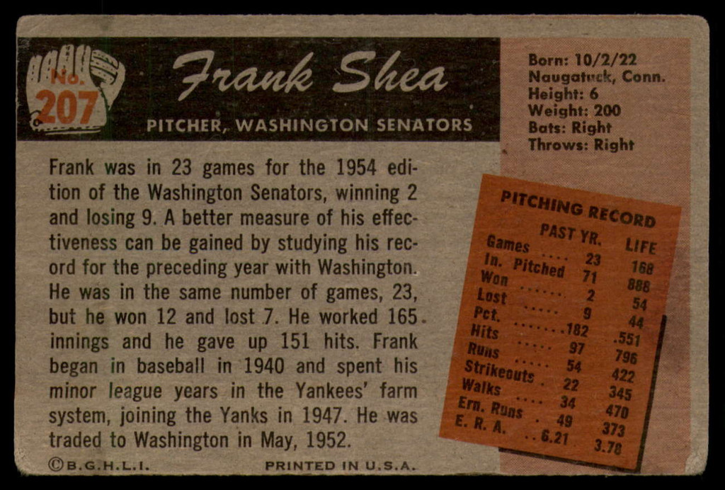 1955 Bowman #207 Spec Shea G/VG ID: 57788