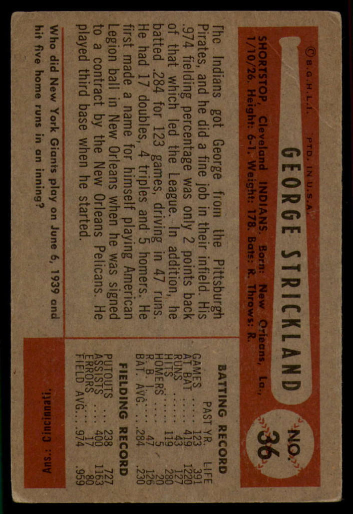 1954 Bowman #36 George Strickland VG ID: 55998