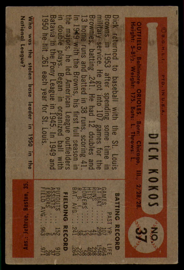 1954 Bowman #37 Dick Kokos VG ID: 55999