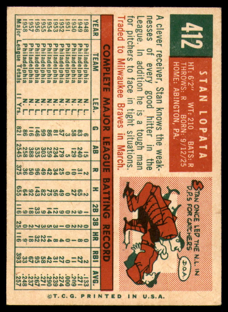 1959 Topps #412 Stan Lopata EX/NM ID: 69059