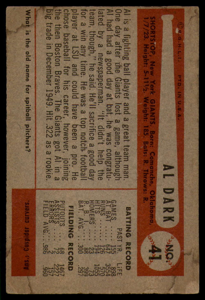 1954 Bowman #41 Alvin Dark UER VG ID: 56011